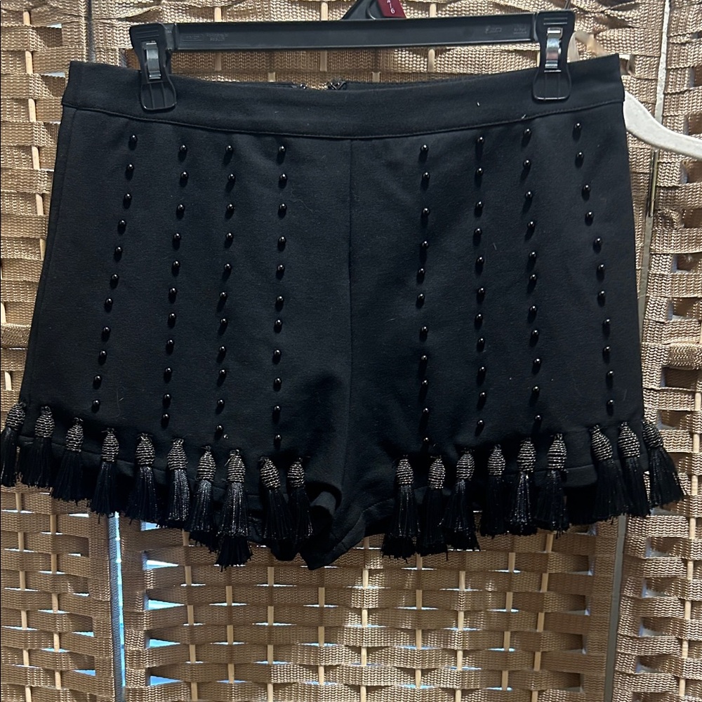 L'ATISTE Black High-Waist Embellished Tassel Shorts